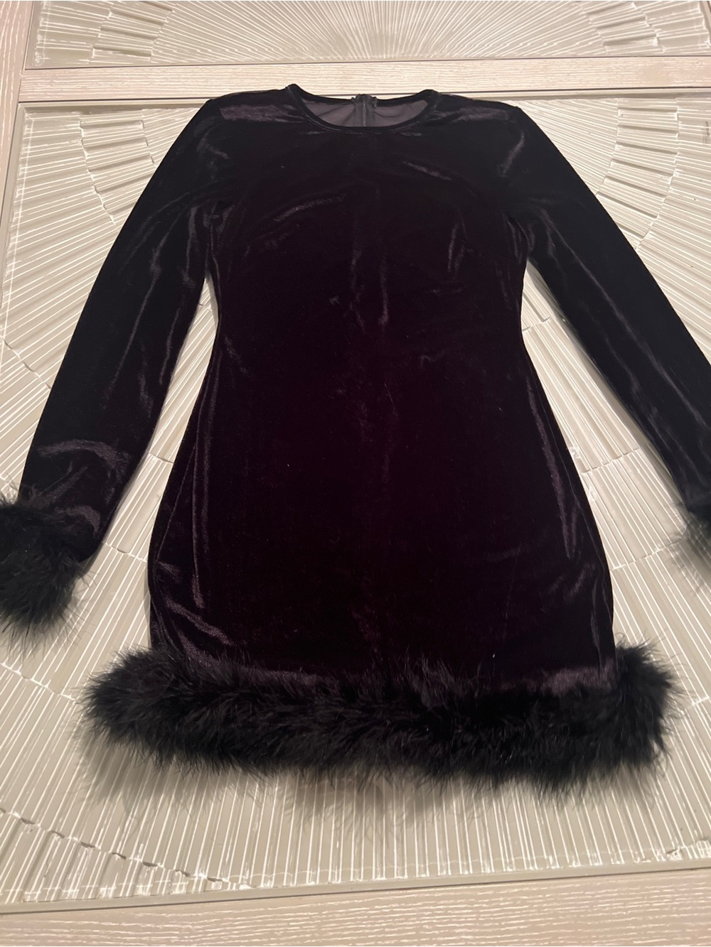 Velvet Faux-Fur Trim Mini Dress - Deep Plum